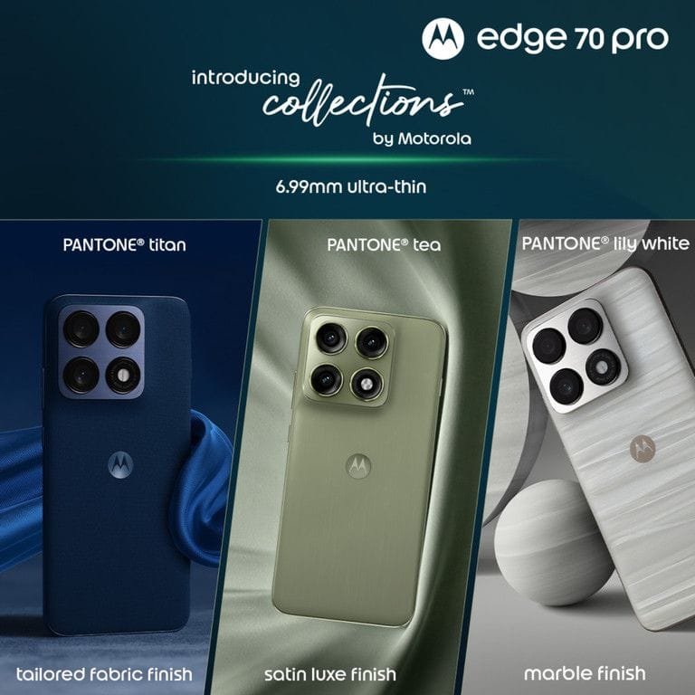 Motorola Edge 70 Pro showcased in three colour variants: PANTONE Titan, PANTONE Tea and PANTONE Lily White with unique finish designs
