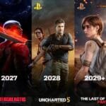 Three-panel promotional graphic showcasing Naughty Dog upcoming games with PlayStation logos. Left panel: Intergalactic: The Heretic Prophet (2027) featuring a character in red gear with a large blade against a cosmic background. Middle panel: Uncharted 5: The Lost Emeralds (2028) showing Nathan Drake and a companion in adventurous attire. Right panel: The Last of Us Part 3 (2029+) depicting a young female character with a backpack, marked with TCMFGames branding.