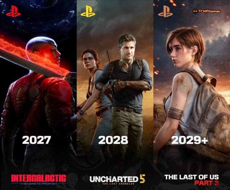 Three-panel promotional graphic showcasing Naughty Dog upcoming games with PlayStation logos. Left panel: Intergalactic: The Heretic Prophet (2027) featuring a character in red gear with a large blade against a cosmic background. Middle panel: Uncharted 5: The Lost Emeralds (2028) showing Nathan Drake and a companion in adventurous attire. Right panel: The Last of Us Part 3 (2029+) depicting a young female character with a backpack, marked with TCMFGames branding.