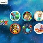 Promotional image for Nintendo Switch Online "Missions & Rewards" featuring Super Mario Galaxy and Super Mario Galaxy 2 logos, alongside eight circular profile icons of characters and elements from the games: Mario with Yoshi, Bowser Jr., Rosalina, Luma, Honey Queen, a blue star bit, Mario riding a red Yoshi, and Rosalina reading to Lumas.