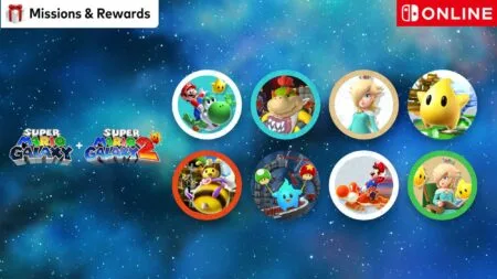 Promotional image for Nintendo Switch Online "Missions & Rewards" featuring Super Mario Galaxy and Super Mario Galaxy 2 logos, alongside eight circular profile icons of characters and elements from the games: Mario with Yoshi, Bowser Jr., Rosalina, Luma, Honey Queen, a blue star bit, Mario riding a red Yoshi, and Rosalina reading to Lumas.