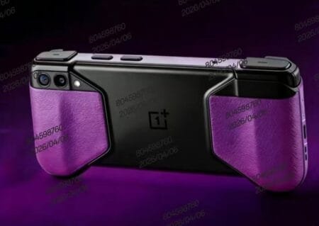 Rendered image of a OnePlus gaming handheld device with a black back panel featuring the OnePlus logo, and purple textured grips on each side. The device shows a triple camera setup and appears to be designed for horizontal gaming with integrated controls. Watermarks with "804598760 2026/04/06" are visible.