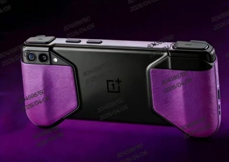 OnePlus Reportedly Working on Android Gaming Handheld, First Look Surfaces Rendered image of a OnePlus gaming handheld device with a black back panel featuring the OnePlus logo, and purple textured grips on each side. The device shows a triple camera setup and appears to be designed for horizontal gaming with integrated controls. Watermarks with "804598760 2026/04/06" are visible.