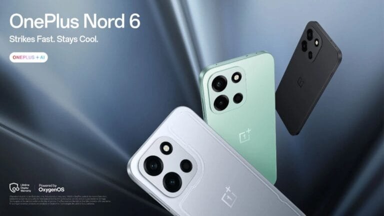 Promotional image for OnePlus Nord 6 smartphone in Fresh Mint, Quick Silver, and Pitch Black colors, highlighting its sleek design and triple camera system, with the slogan "Strikes Fast. Stays Cool."
