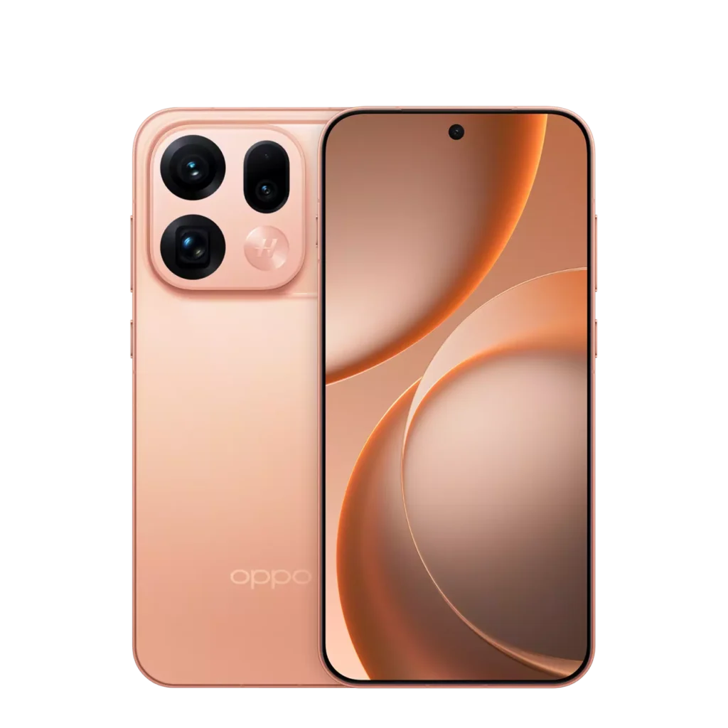 Oppo Find X9s Pro smartphone in soft peach finish, showcasing its rear camera module with Hasselblad branding and sleek front display design against a black background