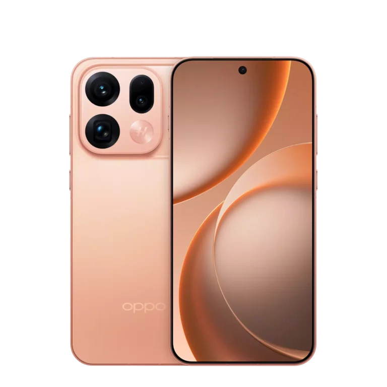 Oppo Find X9s Pro smartphone in soft peach finish, showcasing its rear camera module with Hasselblad branding and sleek front display design against a black background