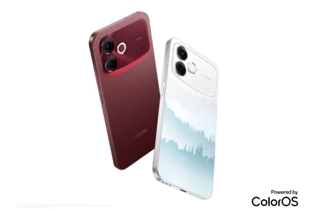 Oppo F33 Pro smartphone in Red and White color variants featuring stylish design and camera module