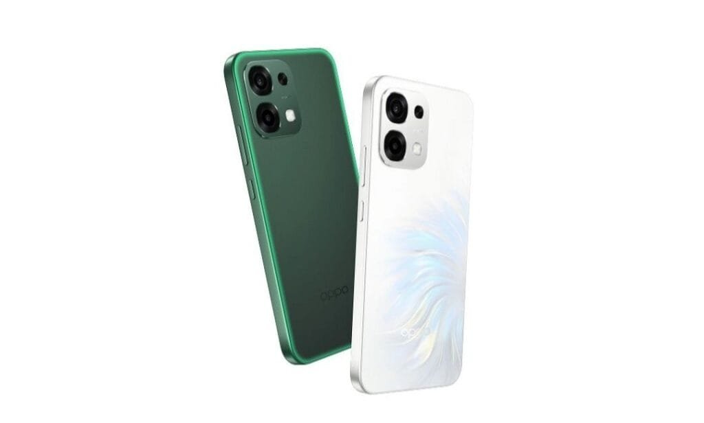 Oppo F33 smartphone in Green and White color variants showcasing sleek design and camera setup