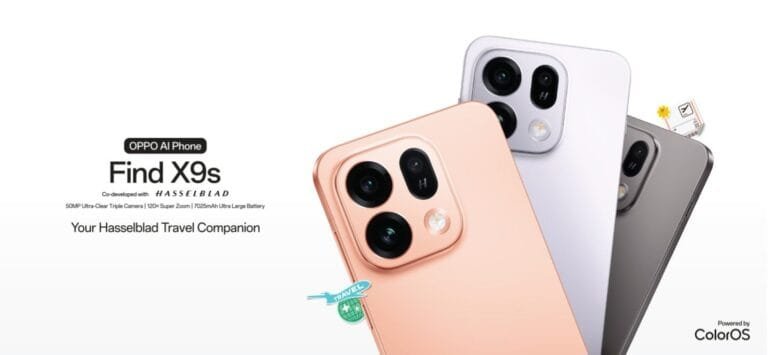 Oppo Find X9s AI Phone in Peach, White and Grey colorways featuring Hasselblad camera system and 7025mAh battery