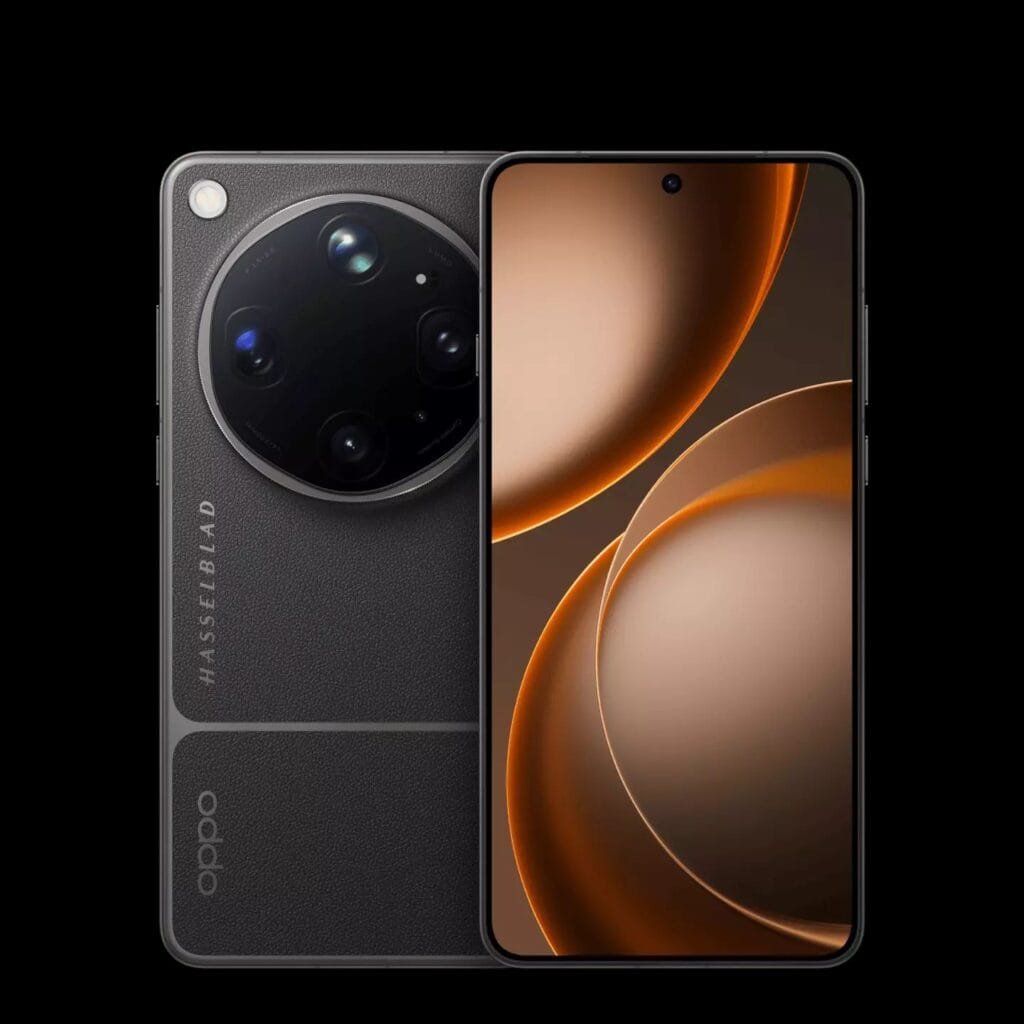 Oppo Find X9 Ultra in textured black finish, showcasing its large circular Hasselblad camera module and curved front display