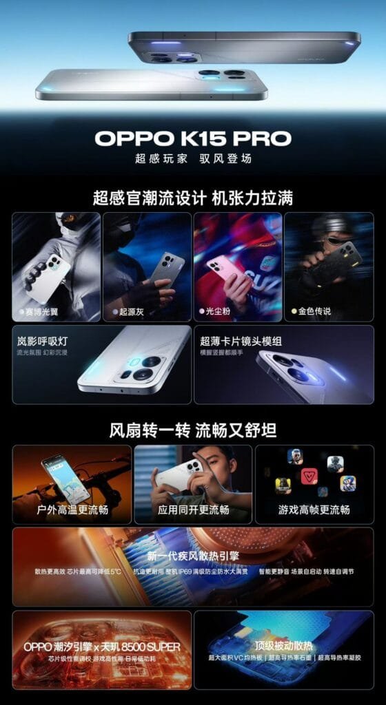 OPPO K15 Pro promotional infographic. Displays color options (Cyber White, Origin Grey, Light Dust Pink, Legend Gold), design features like breathing light and slim camera module, and performance highlights including built-in cooling fan, Dimensity 8500 SUPER chip, and advanced cooling system.