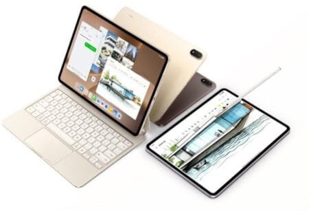 Oppo Pad 5 Pro tablets in different colours shown with keyboard attachment and stylus pen