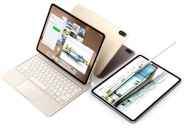 Oppo Pad 5 Pro tablets in different colours shown with keyboard attachment and stylus pen
