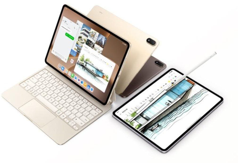 Oppo Pad 5 Pro tablets in different colours shown with keyboard attachment and stylus pen