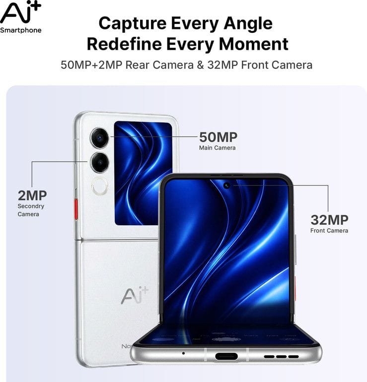 Ai+ Nova Flip Debuts in India with Foldable Display, Dimensity 7300X 1 AI+ Nova Flip foldable phone displayed with labeled camera specifications: 50MP Main Camera, 2MP Secondary Camera on the rear, and 32MP Front Camera. Text reads "Capture Every Angle Redefine Every Moment" with the AI+ logo.
