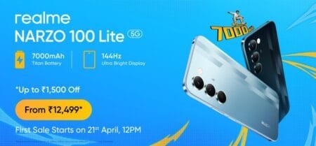 realme Narzo 100 Lite Launched in India; Price Starts at ₹14,999 realme Narzo 100 Lite 5G promotional banner highlighting 7000mAh battery, 144Hz display, price starting at ₹12,499, and sale date April 21 at 12PM.