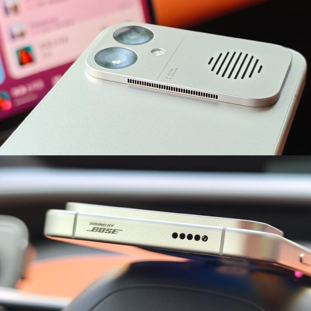 Close-up details of Redmi K90 Max showing the active cooling fan vents and Bose-tuned speaker system