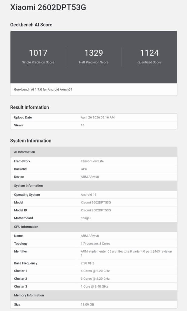 Geekbench AI benchmark results for Xiaomi model 2602DPT53G, listing scores, system details including Android 16 operating system, processor specifications, and memory size