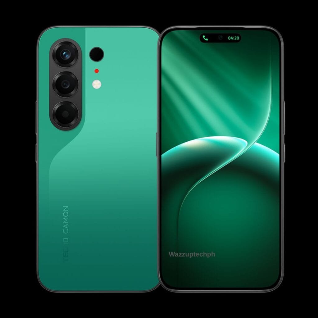 Rendered image of the TECNO Camon 50 smartphone shown in a vibrant green finish, displaying both the back and front views. The back features a vertical triple-camera setup with large lenses and the TECNO Camon branding, while the front showcases a curved display with a pill-shaped cutout for the front camera and sensors.