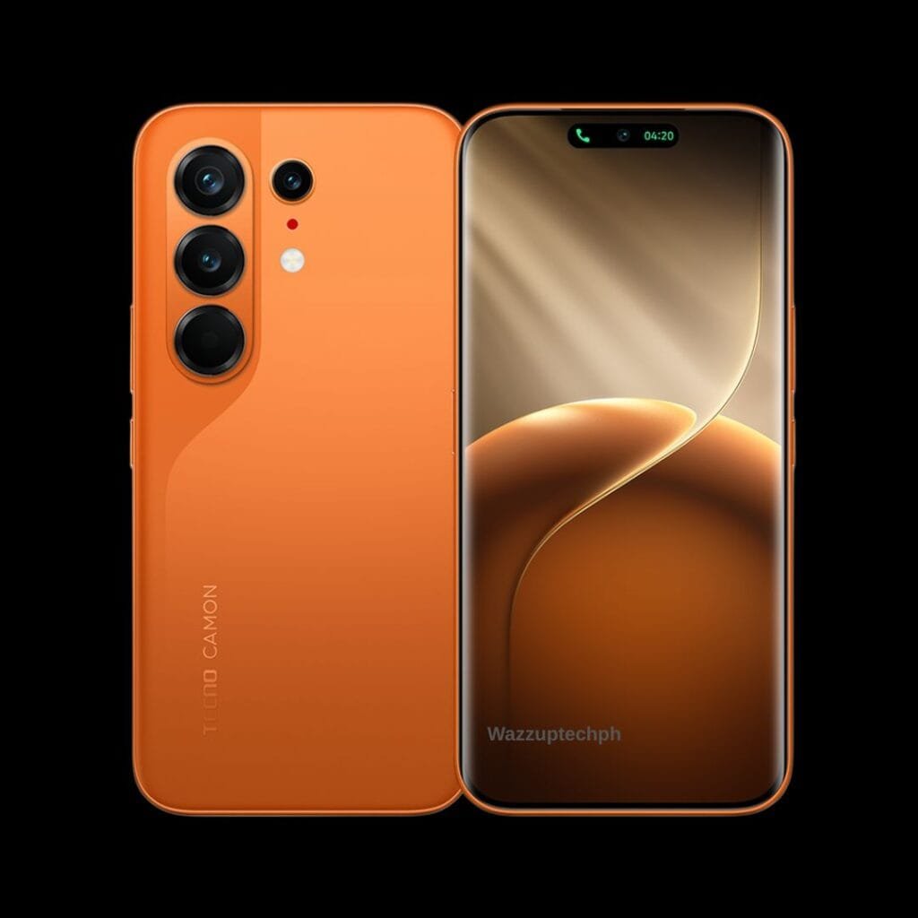 Tecno Camon 50 Ultra smartphone shown in vibrant orange color, displaying both the back and front views. The back features a triple-camera setup and the "TECNO CAMON" branding, while the front showcases a curved screen with a punch-hole design and warm-toned wallpaper.