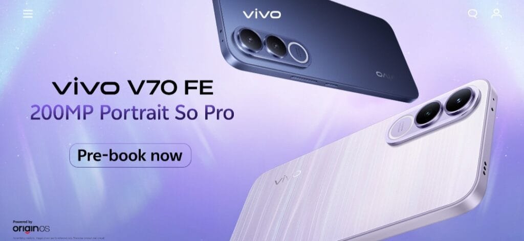 Vivo V70 FE promotional banner showcasing the smartphone in Northern Lights Purple and Monsoon Blue color variants, highlighting its 200MP camera feature with '200MP Portrait So Pro' tagline and 'Pre-book now' call-to-action against a gradient purple background