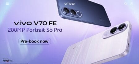 Vivo V70 FE promotional banner showcasing the smartphone in Northern Lights Purple and Monsoon Blue color variants, highlighting its 200MP camera feature with '200MP Portrait So Pro' tagline and 'Pre-book now' call-to-action against a gradient purple background