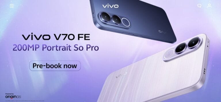 Vivo V70 FE promotional banner showcasing the smartphone in Northern Lights Purple and Monsoon Blue color variants, highlighting its 200MP camera feature with '200MP Portrait So Pro' tagline and 'Pre-book now' call-to-action against a gradient purple background