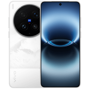 vivo X300 Ultra smartphone in white – rear view with circular Zeiss camera module and front view with curved display showing blue abstract wallpaper