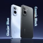 Vivo T5 Pro smartphone in Glacier Blue and Cosmic Black color variants showcasing sleek design and camera module