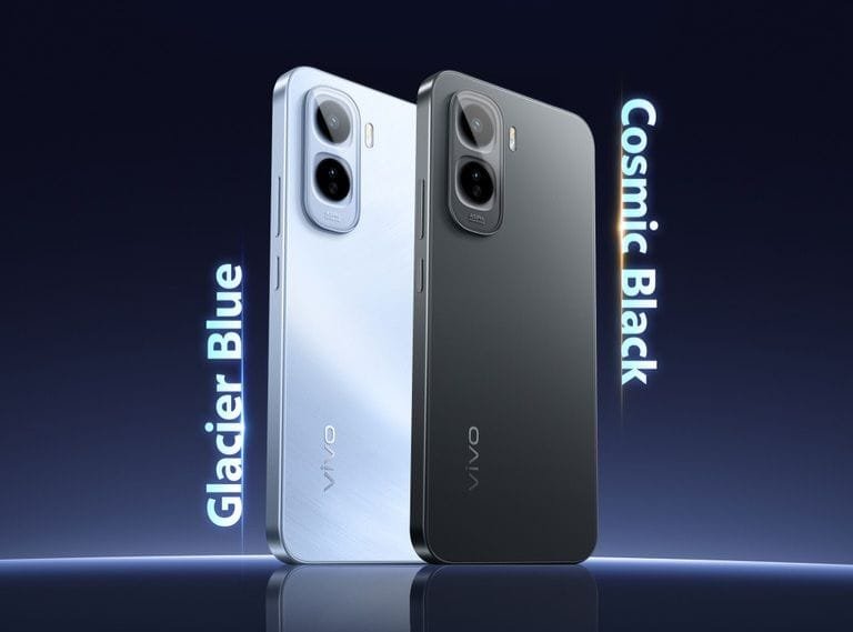 Vivo T5 Pro smartphone in Glacier Blue and Cosmic Black color variants showcasing sleek design and camera module