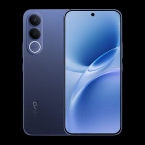 A blue Vivo V70 FE smartphone, shown from the front and back against a black background. The rear features a vertical triple-camera setup with a circular module labeled "200MP OIS CAM" and the "vivo" logo. The front display shows a blue and white abstract wallpaper with a punch-hole camera at the top center.