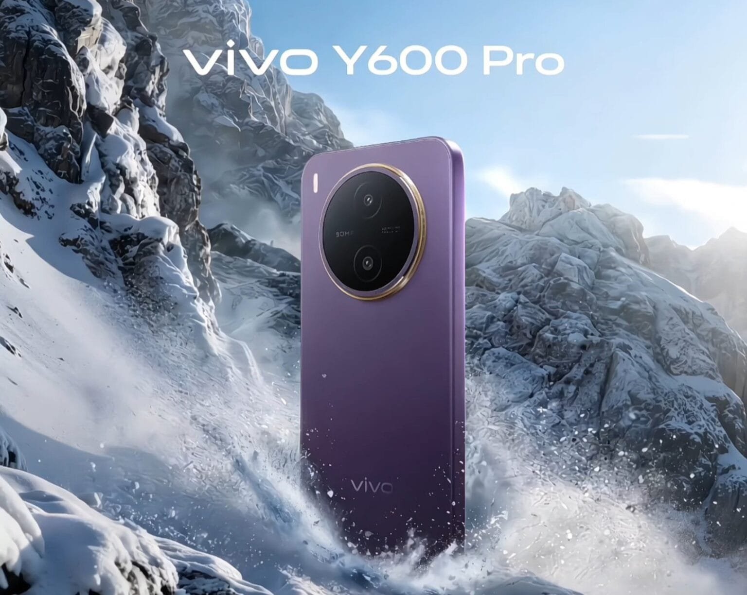 vivo Y600 Pro smartphone in purple finish displayed against a snowy mountain background with water splashing effects