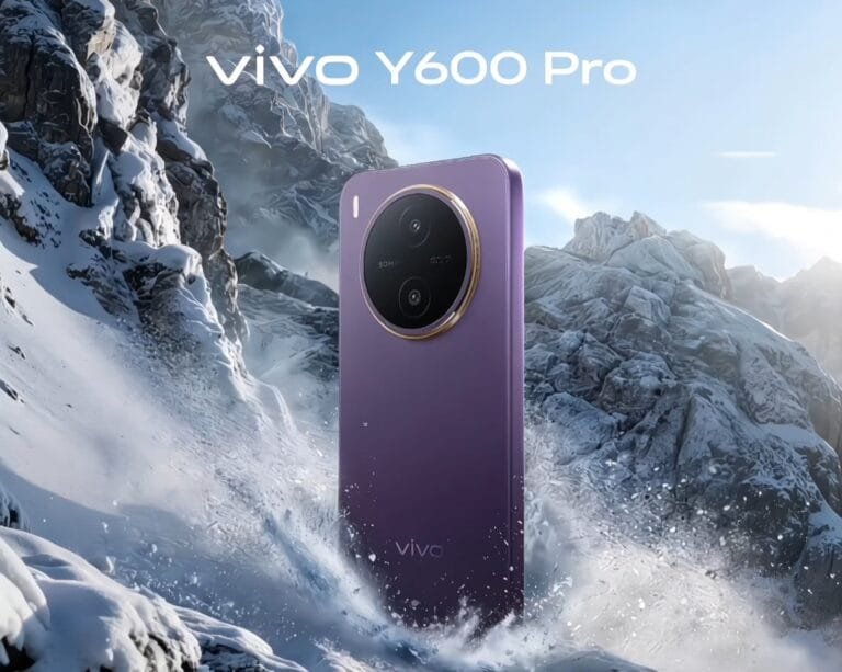 vivo Y600 Pro smartphone in purple finish displayed against a snowy mountain background with water splashing effects