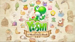 Yoshi and the Mysterious Book artwork featuring the green dinosaur Yoshi at the center, surrounded by various colorful characters and items against a textured background, with the game title prominently displayed