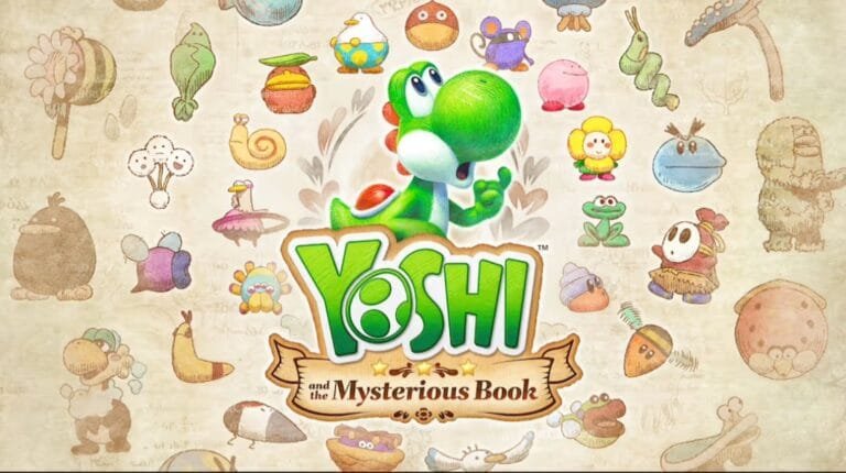 Yoshi and the Mysterious Book artwork featuring the green dinosaur Yoshi at the center, surrounded by various colorful characters and items against a textured background, with the game title prominently displayed