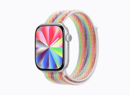 Apple Watch Pride Edition Sport Loop 2026 with rainbow woven nylon band on wrist