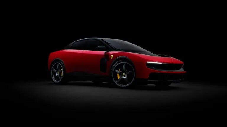 Ferrari unveils Luce, its first all-electric five-seater with over 1,050 hp Red Ferrari Luce all-electric five-door grand tourer, sleek modern design with black roof, signature Ferrari badge, dark background