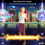 Gameplay screenshot from Fitness Boxing 3: Your Personal Trainer for Nintendo Switch 2, showing a character performing a punch move in a neon-lit city-themed stage. On-screen elements display "PERFECT+" and "GREAT COMBO!!!" ratings, a timer showing 00:02, a score of 24,628, and fitness prompts like "Haa! Haa! Haa! Umph!". A small inset window on the right shows a real person mirroring the exercise.