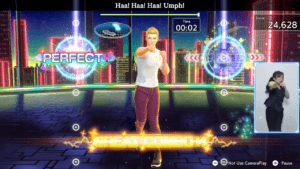 Gameplay screenshot from Fitness Boxing 3: Your Personal Trainer for Nintendo Switch 2, showing a character performing a punch move in a neon-lit city-themed stage. On-screen elements display "PERFECT+" and "GREAT COMBO!!!" ratings, a timer showing 00:02, a score of 24,628, and fitness prompts like "Haa! Haa! Haa! Umph!". A small inset window on the right shows a real person mirroring the exercise.