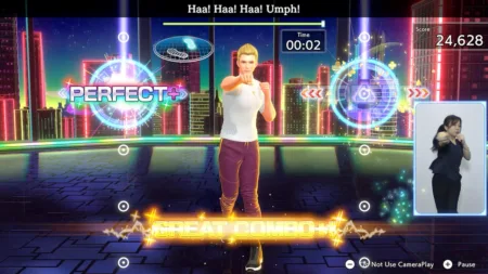 Gameplay screenshot from Fitness Boxing 3: Your Personal Trainer for Nintendo Switch 2, showing a character performing a punch move in a neon-lit city-themed stage. On-screen elements display "PERFECT+" and "GREAT COMBO!!!" ratings, a timer showing 00:02, a score of 24,628, and fitness prompts like "Haa! Haa! Haa! Umph!". A small inset window on the right shows a real person mirroring the exercise.