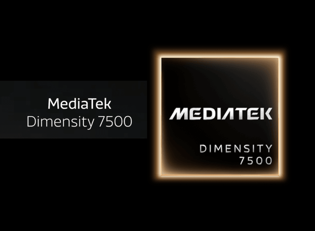 MediaTek Dimensity 7500 chipset official logo and branding, sleek dark design with glowing border, text display on black background