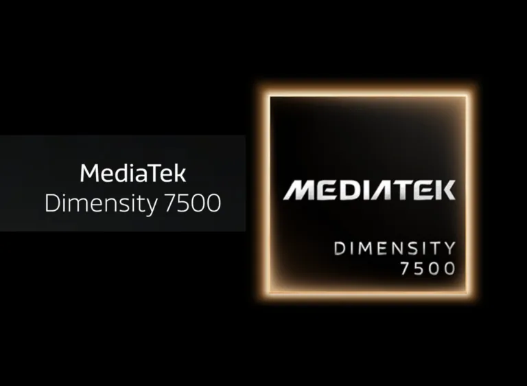 MediaTek Dimensity 7500 chipset official logo and branding, sleek dark design with glowing border, text display on black background