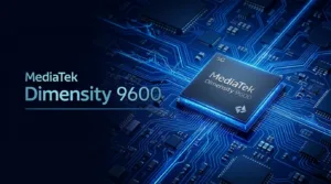 MediaTek Dimensity 9600 5G processor chip resting on glowing blue circuit board, showcasing high‑performance mobile semiconductor technology