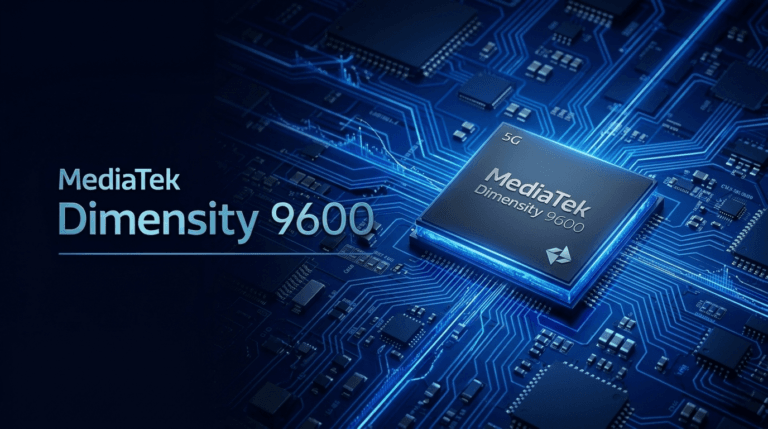 MediaTek Dimensity 9600 5G processor chip resting on glowing blue circuit board, showcasing high‑performance mobile semiconductor technology