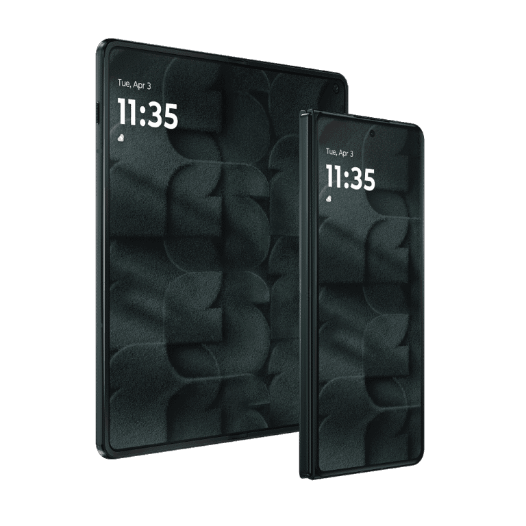 Motorola Razr Fold displayed against a solid black background, showing both the unfolded large internal screen and folded compact external screen. Both screens show the time 11:35 and date Tue, Apr 3, with a dark textured wallpaper design featuring geometric patterns.