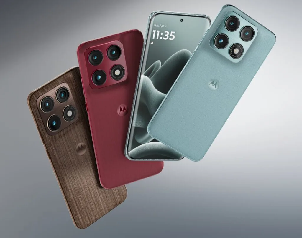 Motorola Edge 70 Pro+ Launching Soon in India with Dimensity 8500 Extreme Motorola Edge 70 Pro+ official render image, showing three color variants: Chicory Coffee wood finish, Zinfandel red, Stormy Sea green, front and back views with quad-camera module