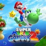 Super Mario Galaxy 2 promotional artwork featuring Mario riding Yoshi flying through a colorful space sky, surrounded by planets, Power Stars, Lumas, and the game's vibrant 3D logo
