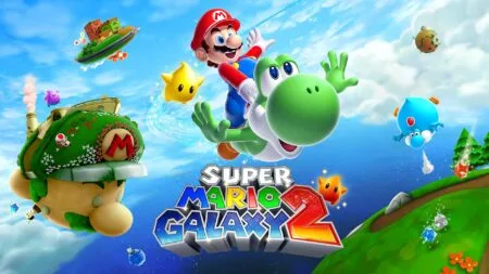 Super Mario Galaxy 2 promotional artwork featuring Mario riding Yoshi flying through a colorful space sky, surrounded by planets, Power Stars, Lumas, and the game's vibrant 3D logo