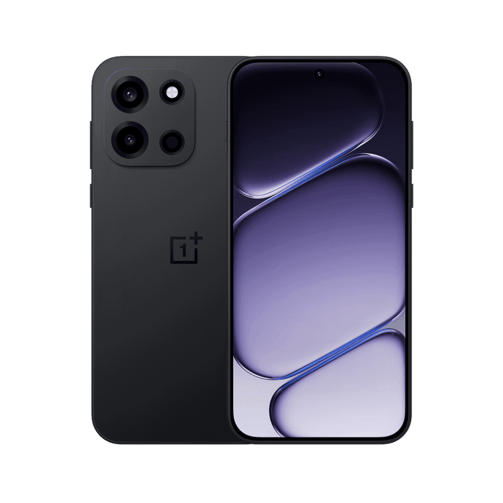 OnePlus Nord 6 smartphone in sleek black finish, featuring a dual-camera setup on the rear and a front display with purple and blue abstract visuals, set against a black background