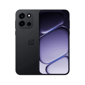 OnePlus Nord 6 smartphone in sleek black finish, featuring a dual-camera setup on the rear and a front display with purple and blue abstract visuals, set against a black background